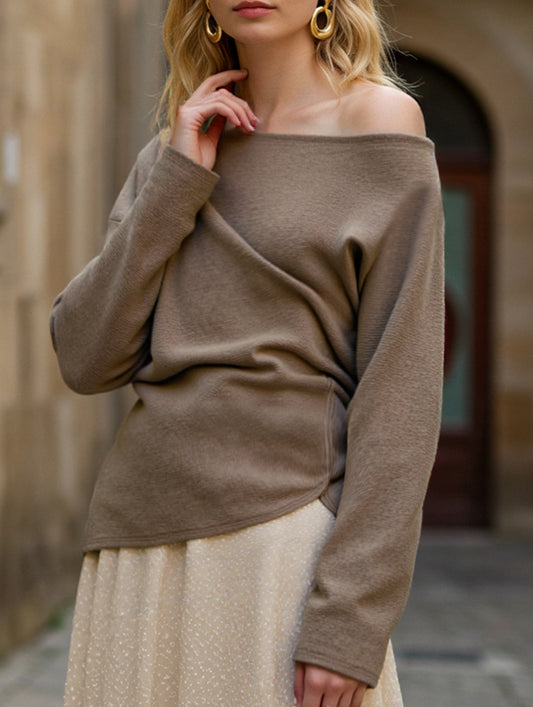 Solid color knit slant shoulder all-in-one casual top