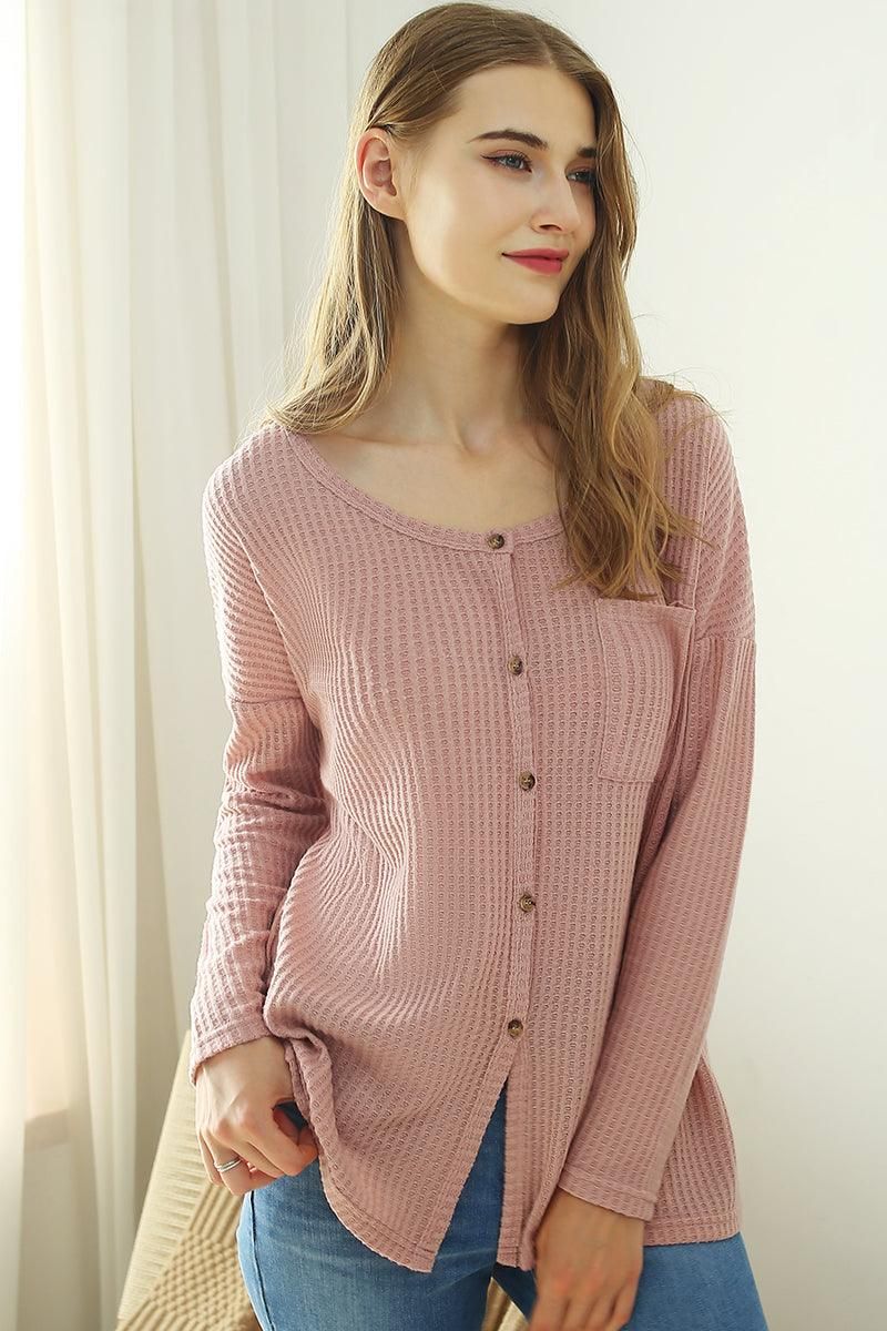 R NECK DETAILED BUTTON BRUSHED WAFFLE TOP - Doublju
