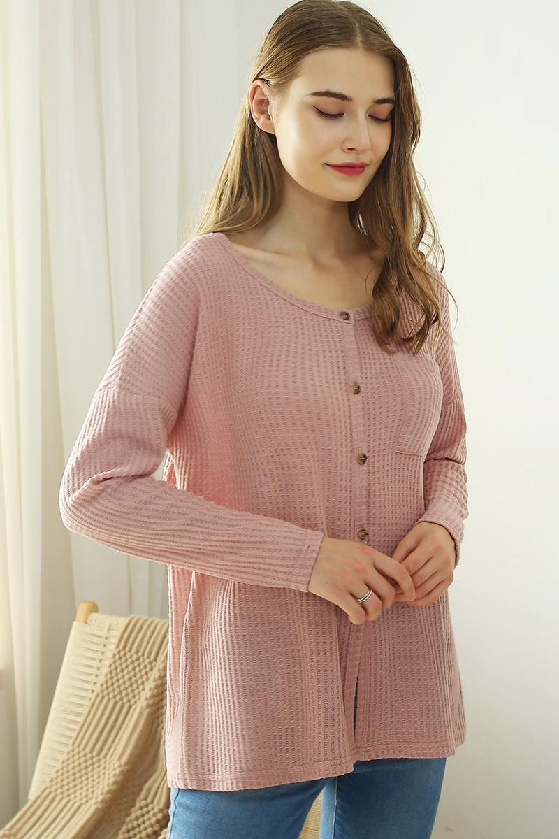 R NECK DETAILED BUTTON BRUSHED WAFFLE TOP - Doublju