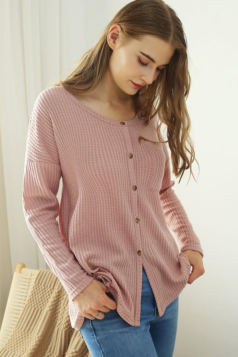 R NECK DETAILED BUTTON BRUSHED WAFFLE TOP - Doublju