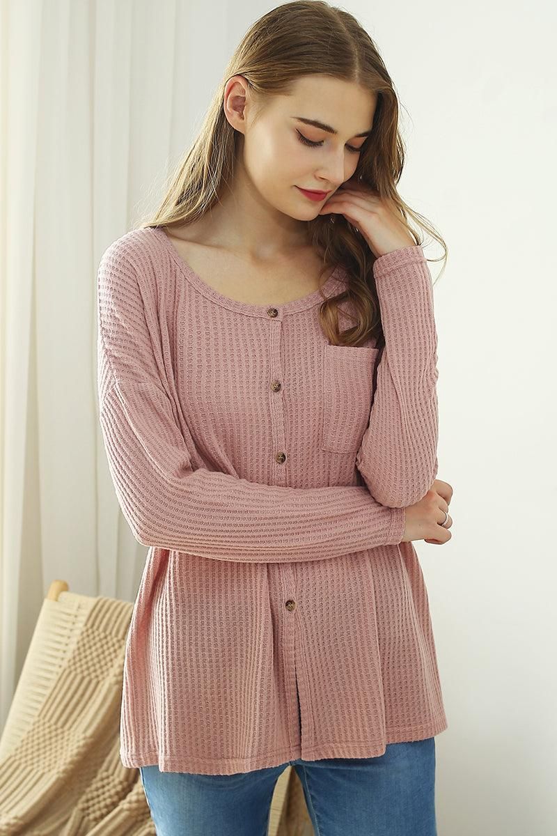 R NECK DETAILED BUTTON BRUSHED WAFFLE TOP - Doublju
