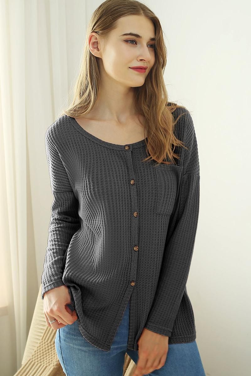 R NECK DETAILED BUTTON BRUSHED WAFFLE TOP - Doublju
