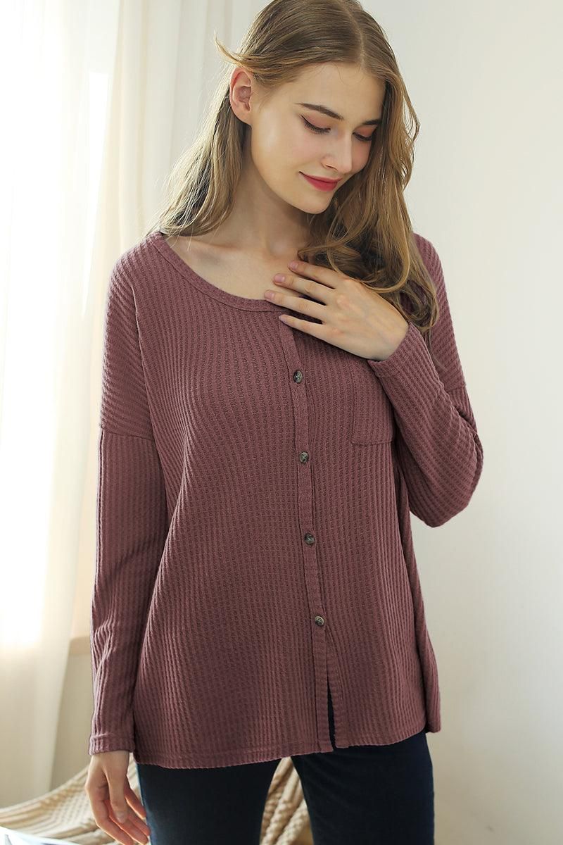 R NECK DETAILED BUTTON BRUSHED WAFFLE TOP - Doublju