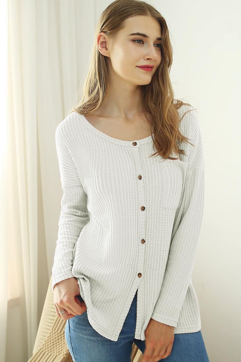 R NECK DETAILED BUTTON BRUSHED WAFFLE TOP - Doublju
