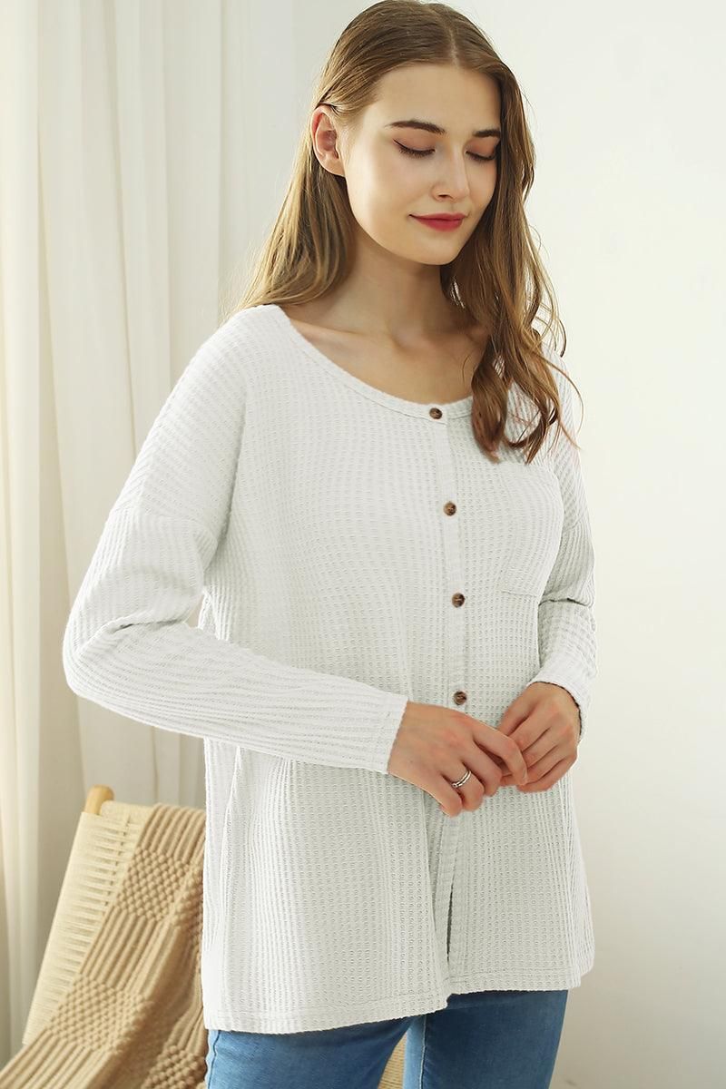 R NECK DETAILED BUTTON BRUSHED WAFFLE TOP - Doublju