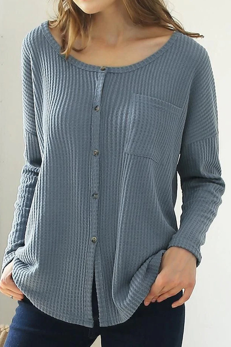 R NECK DETAILED BUTTON BRUSHED WAFFLE TOP