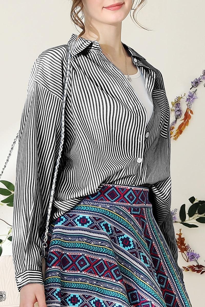 BUTTON DOWN VERTICAL STRIPE ONE POCKET SHIRTS - Doublju