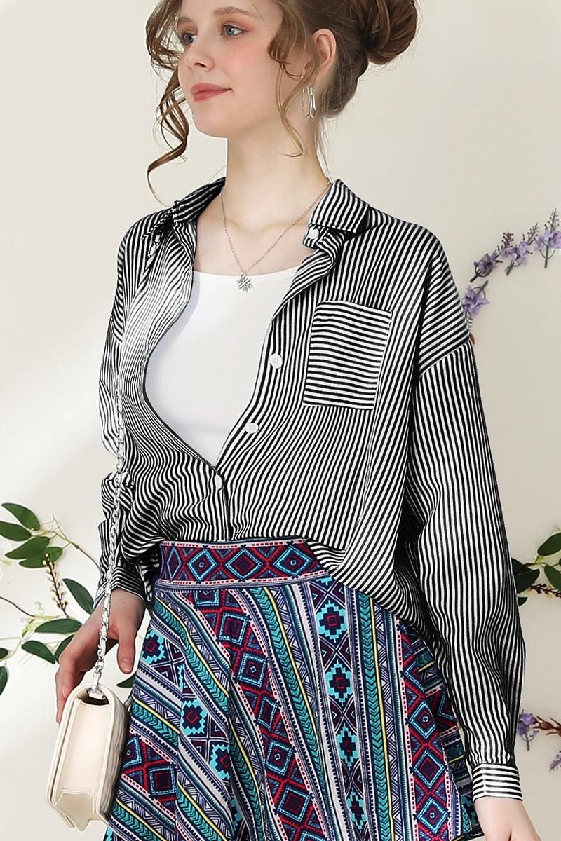 BUTTON DOWN VERTICAL STRIPE ONE POCKET SHIRTS - Doublju