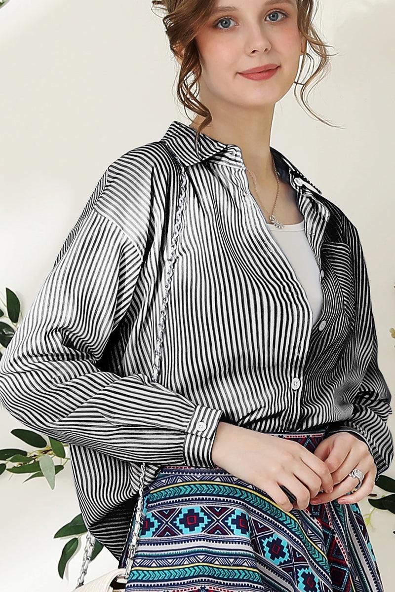 BUTTON DOWN VERTICAL STRIPE ONE POCKET SHIRTS - Doublju