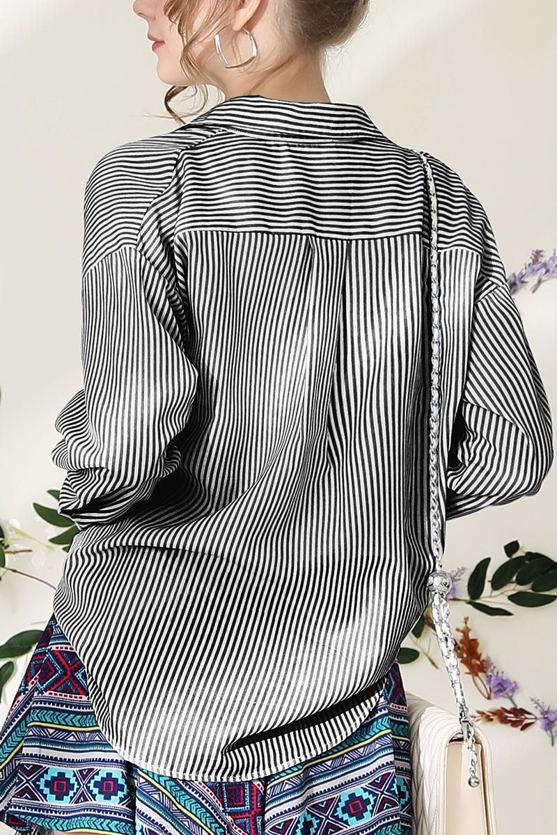 BUTTON DOWN VERTICAL STRIPE ONE POCKET SHIRTS - Doublju