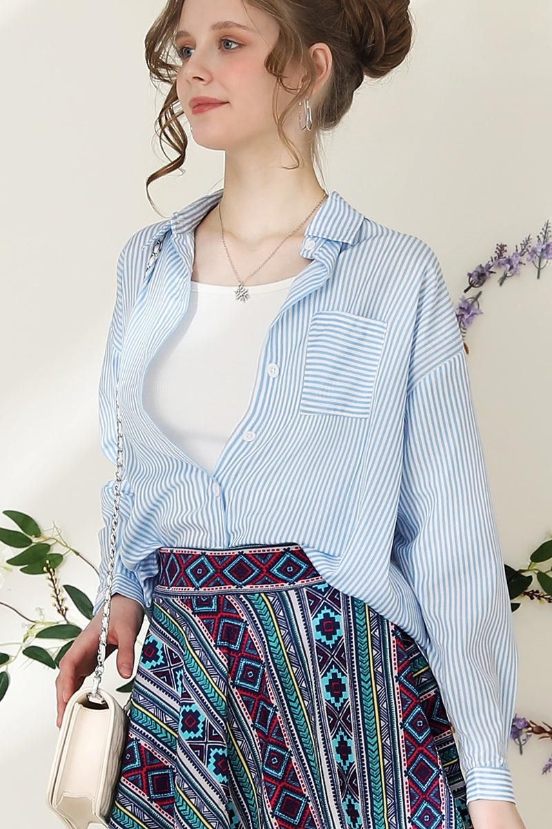 BUTTON DOWN VERTICAL STRIPE ONE POCKET SHIRTS - Doublju