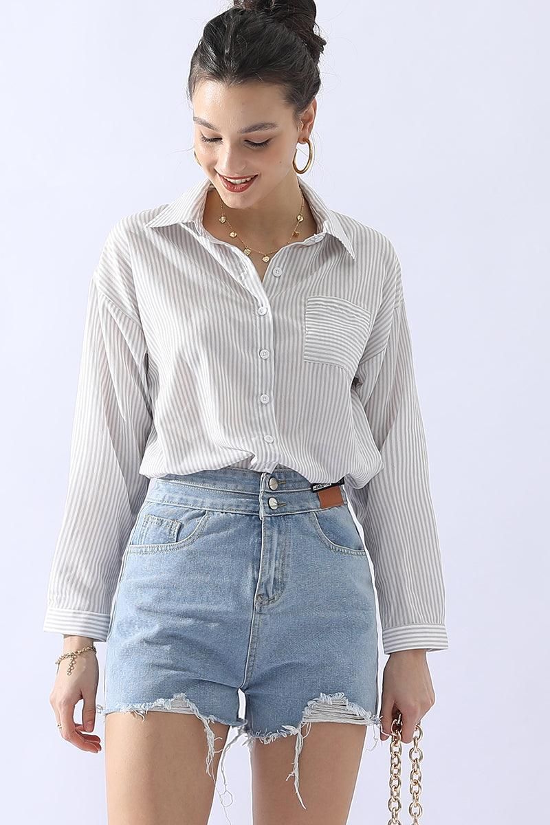 BUTTON DOWN VERTICAL STRIPE ONE POCKET SHIRTS - Doublju