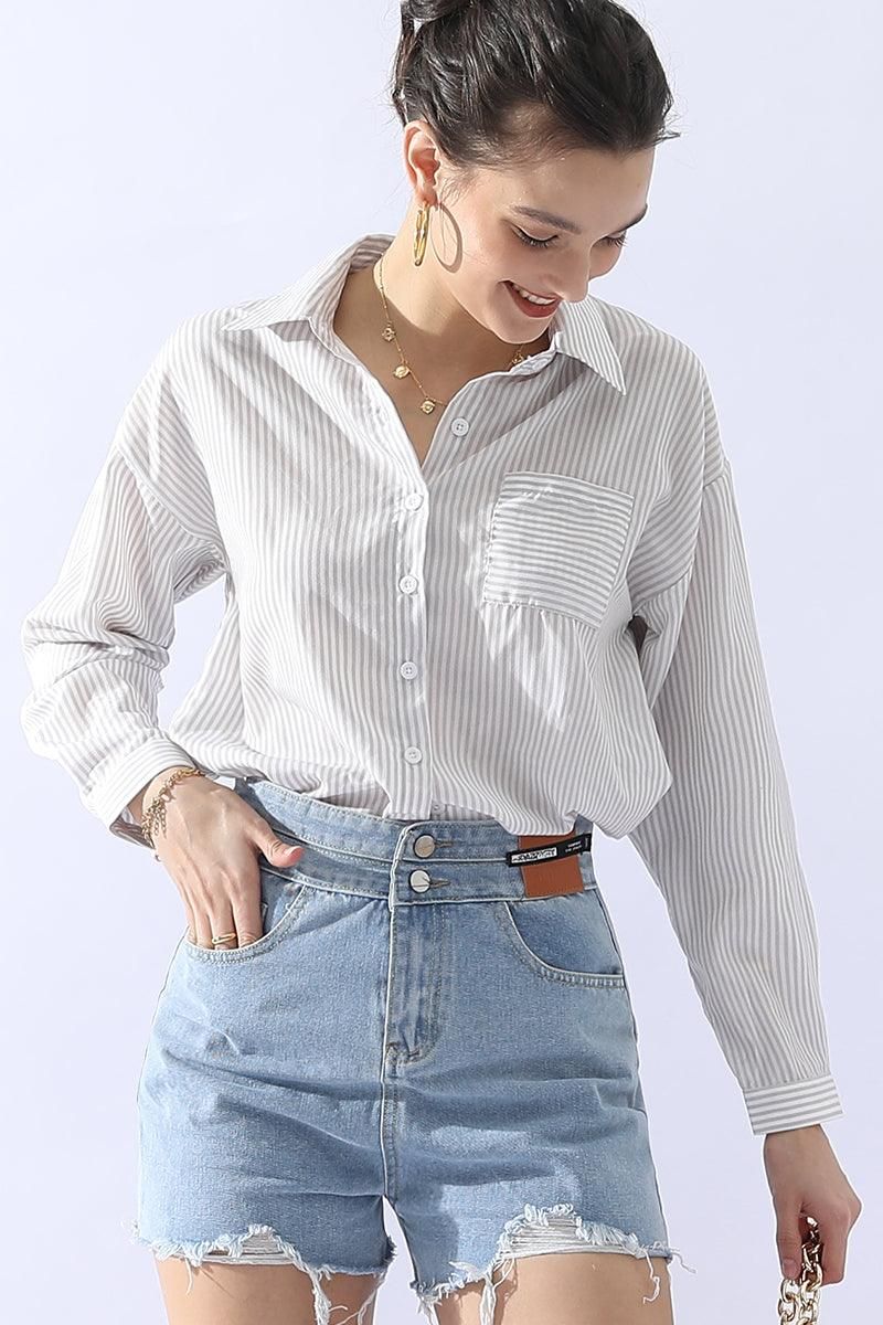 BUTTON DOWN VERTICAL STRIPE ONE POCKET SHIRTS - Doublju