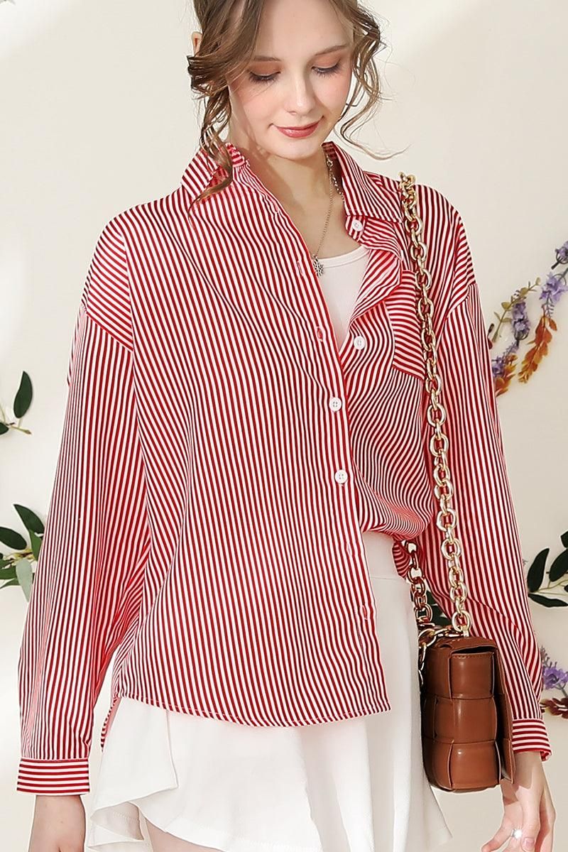 BUTTON DOWN VERTICAL STRIPE ONE POCKET SHIRTS - Doublju