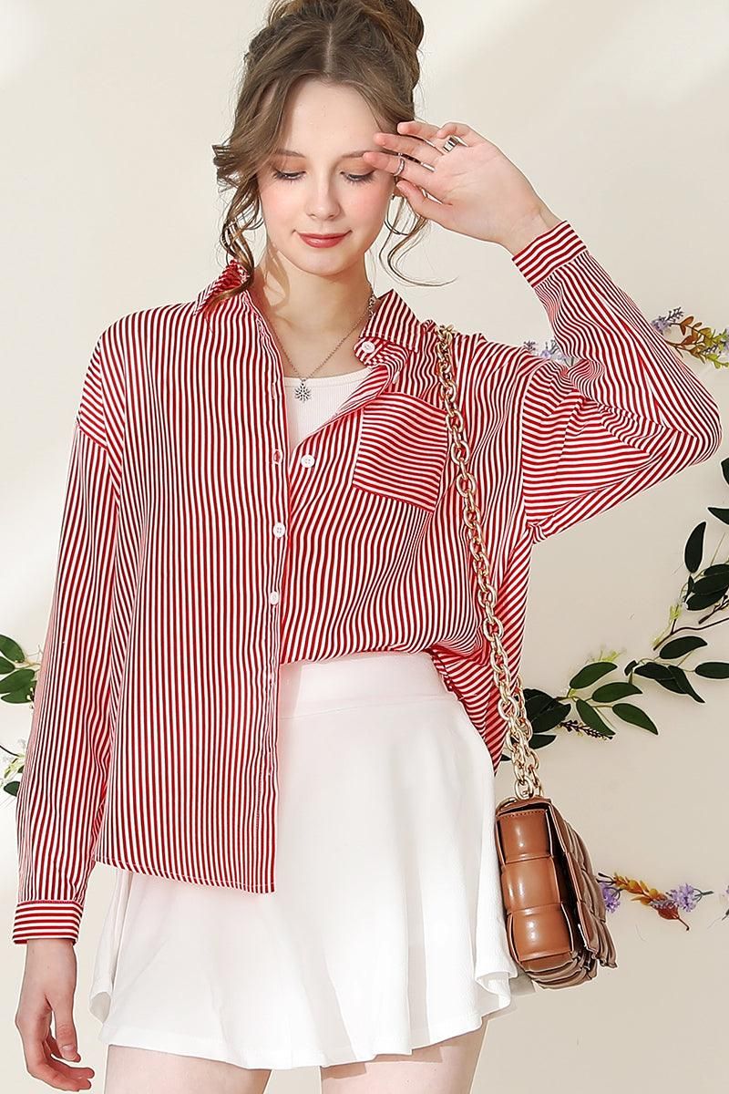 BUTTON DOWN VERTICAL STRIPE ONE POCKET SHIRTS - Doublju