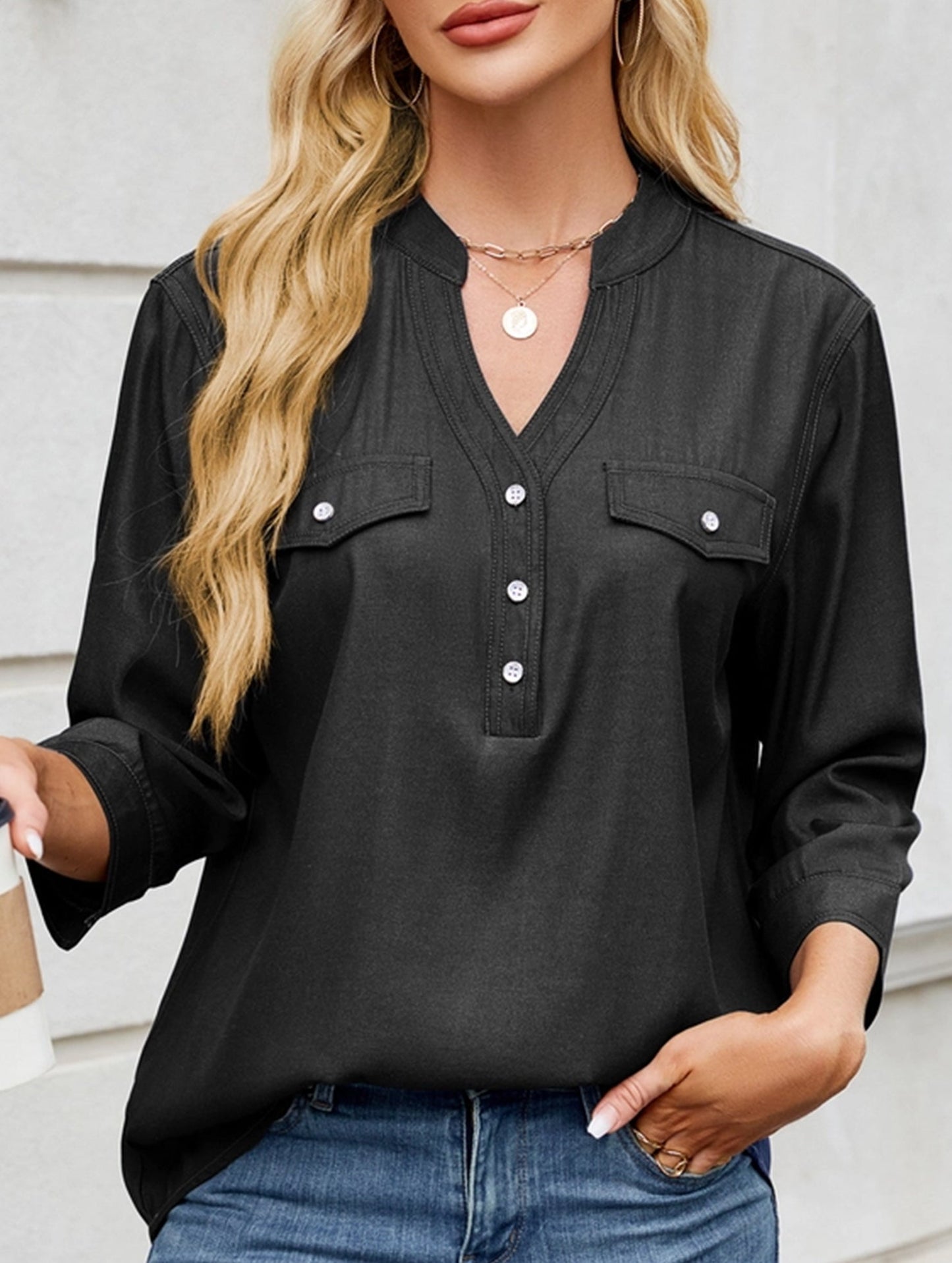 V-neck half-breasted casual imitation denim shirt