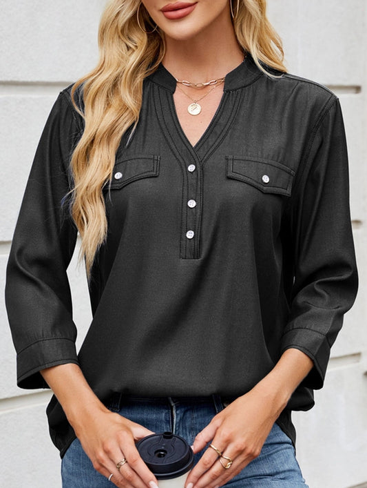 V-neck half-breasted casual imitation denim shirt