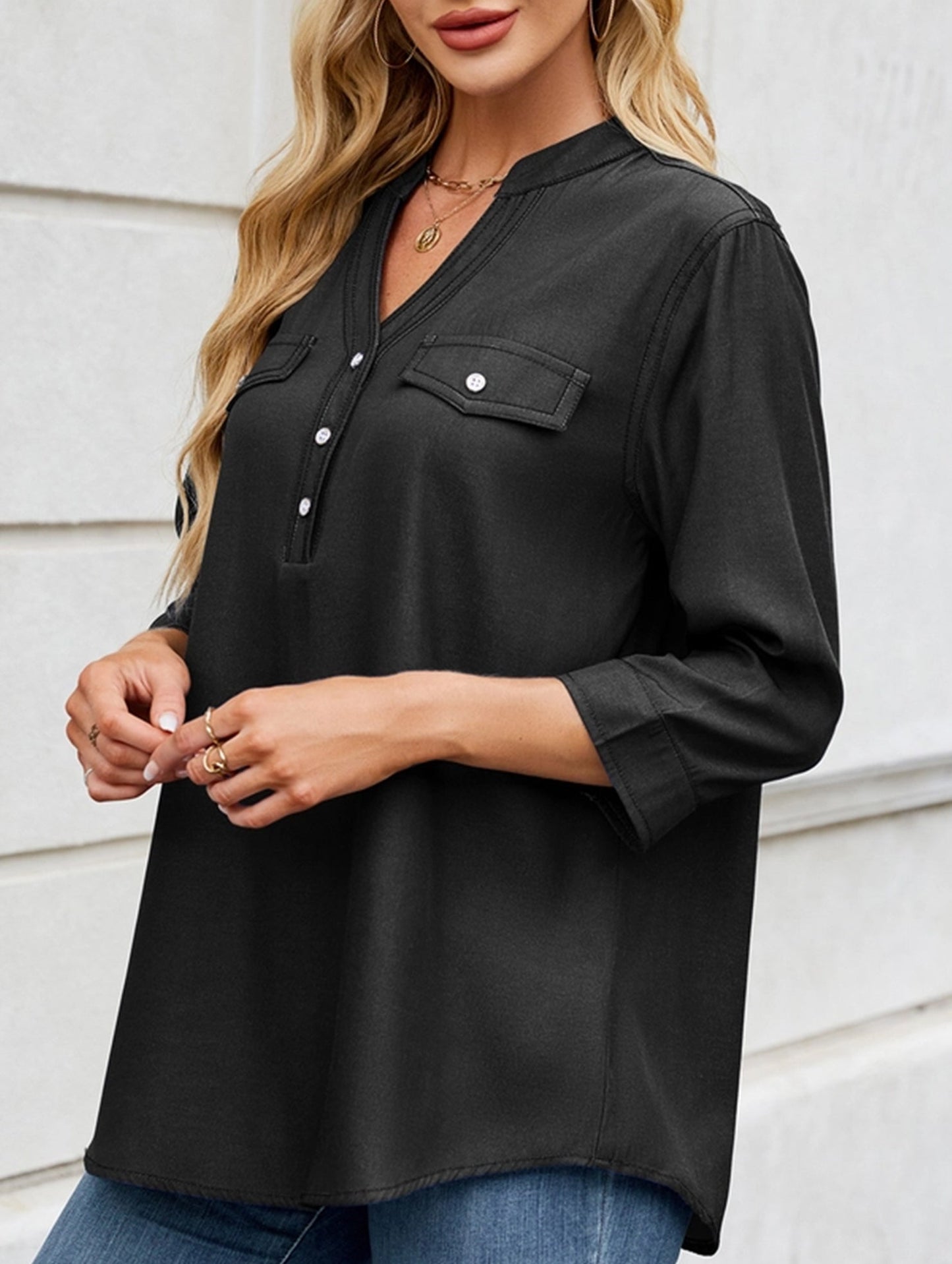 V-neck half-breasted casual imitation denim shirt