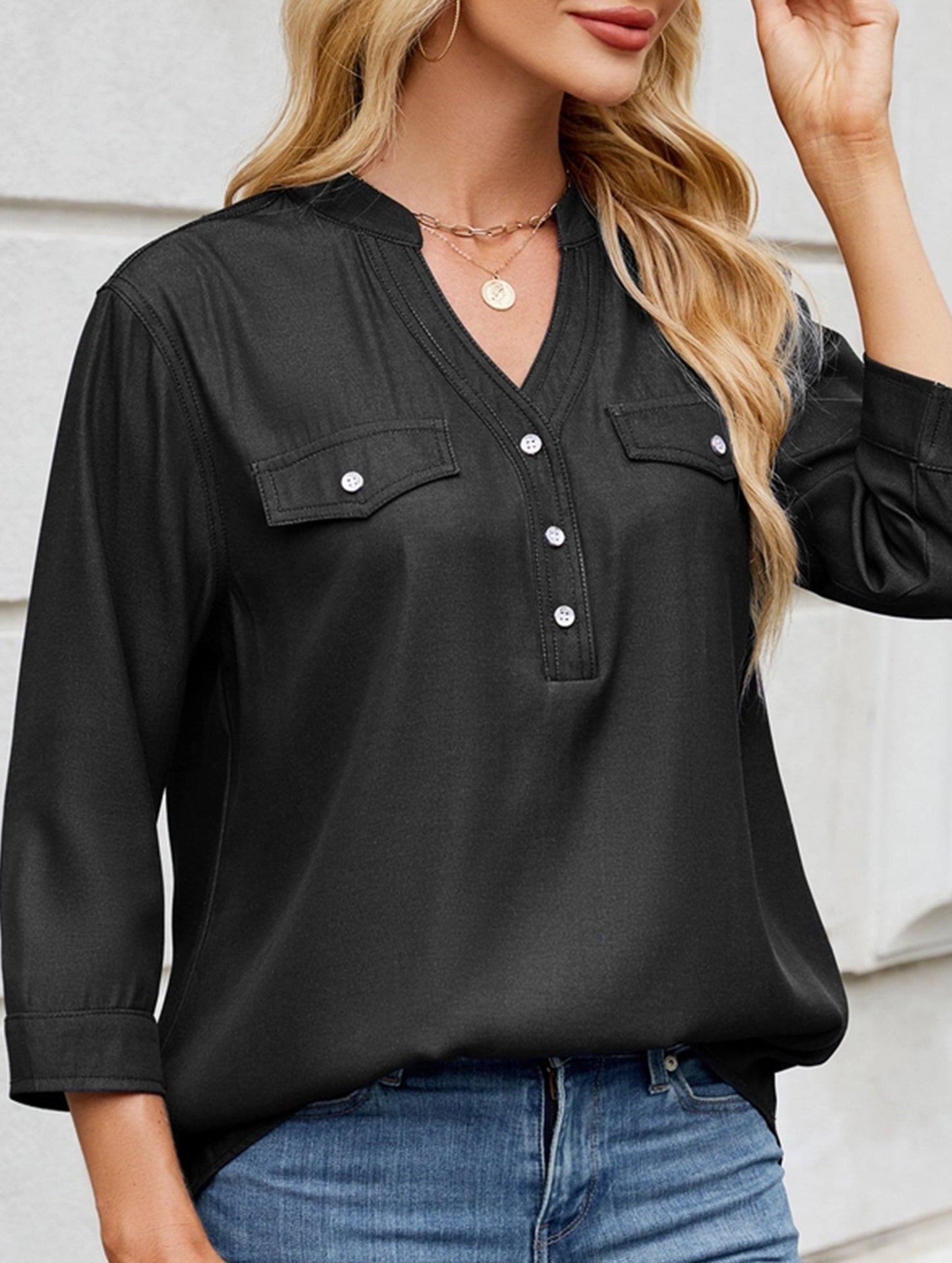 V-neck half-breasted casual imitation denim shirt