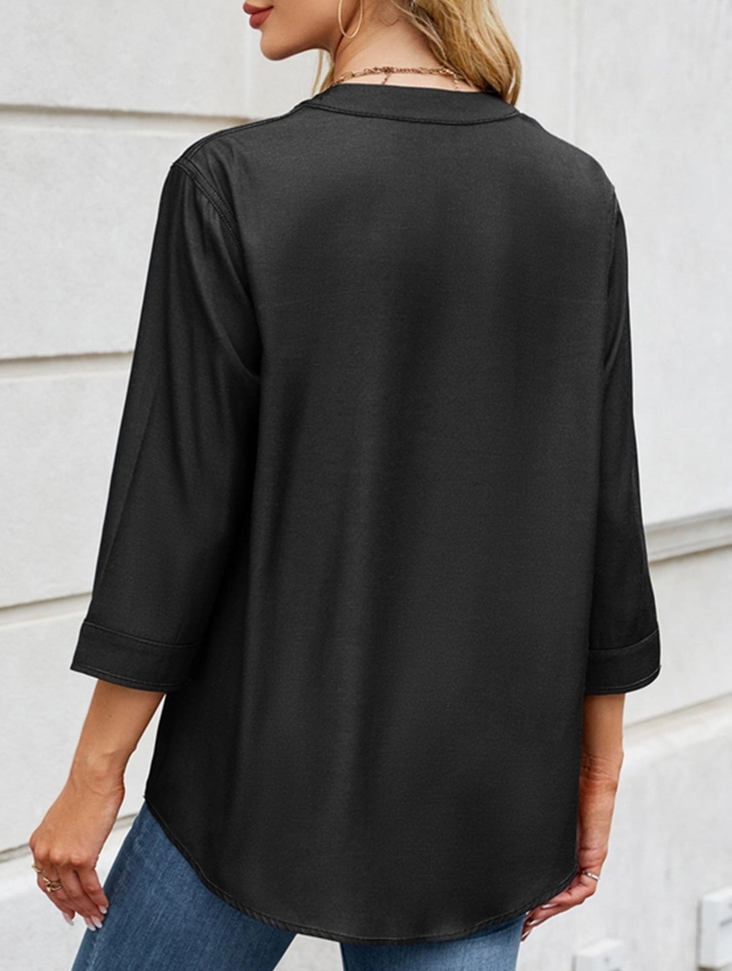 V-neck half-breasted casual imitation denim shirt