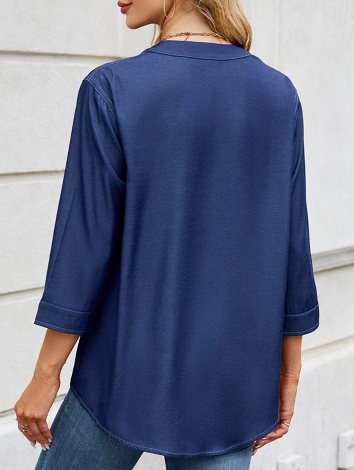 V-neck half-breasted casual imitation denim shirt