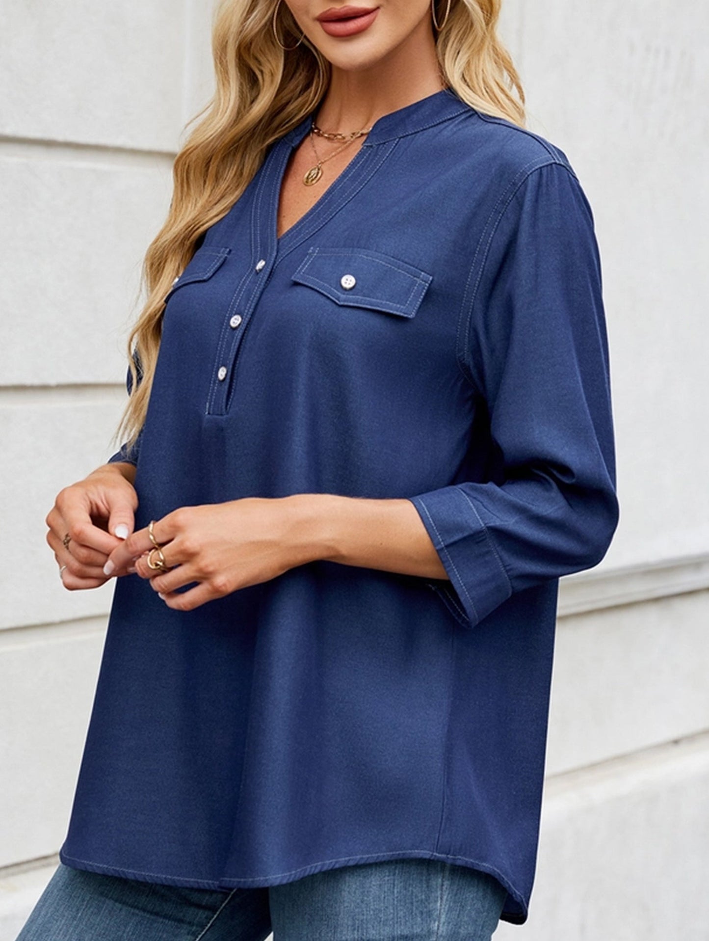 V-neck half-breasted casual imitation denim shirt