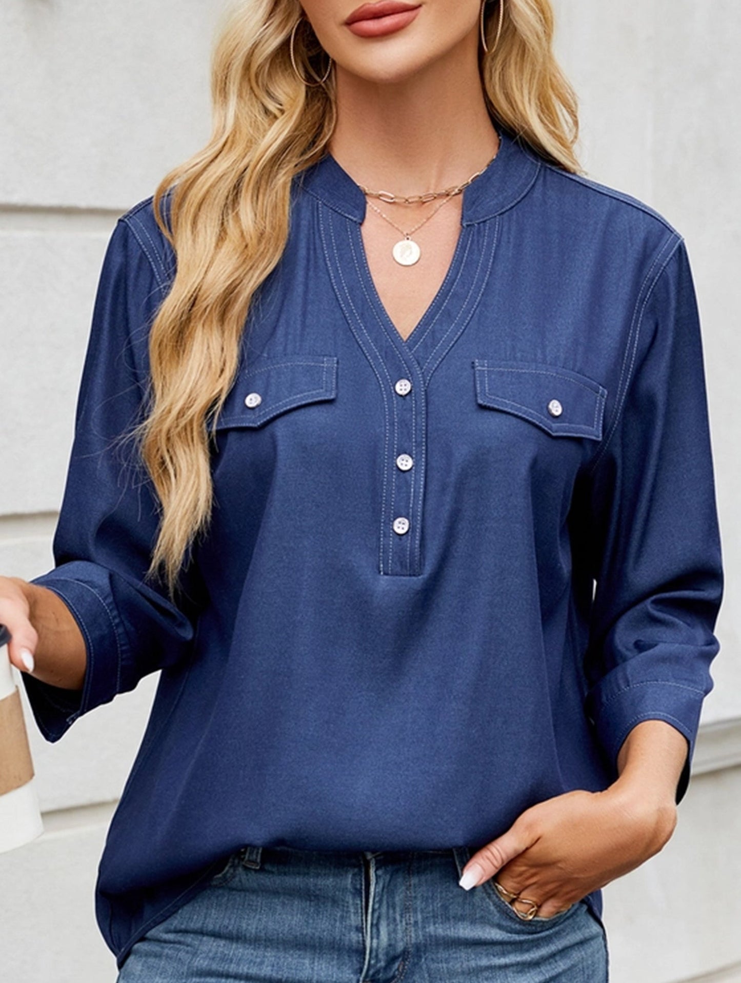 V-neck half-breasted casual imitation denim shirt