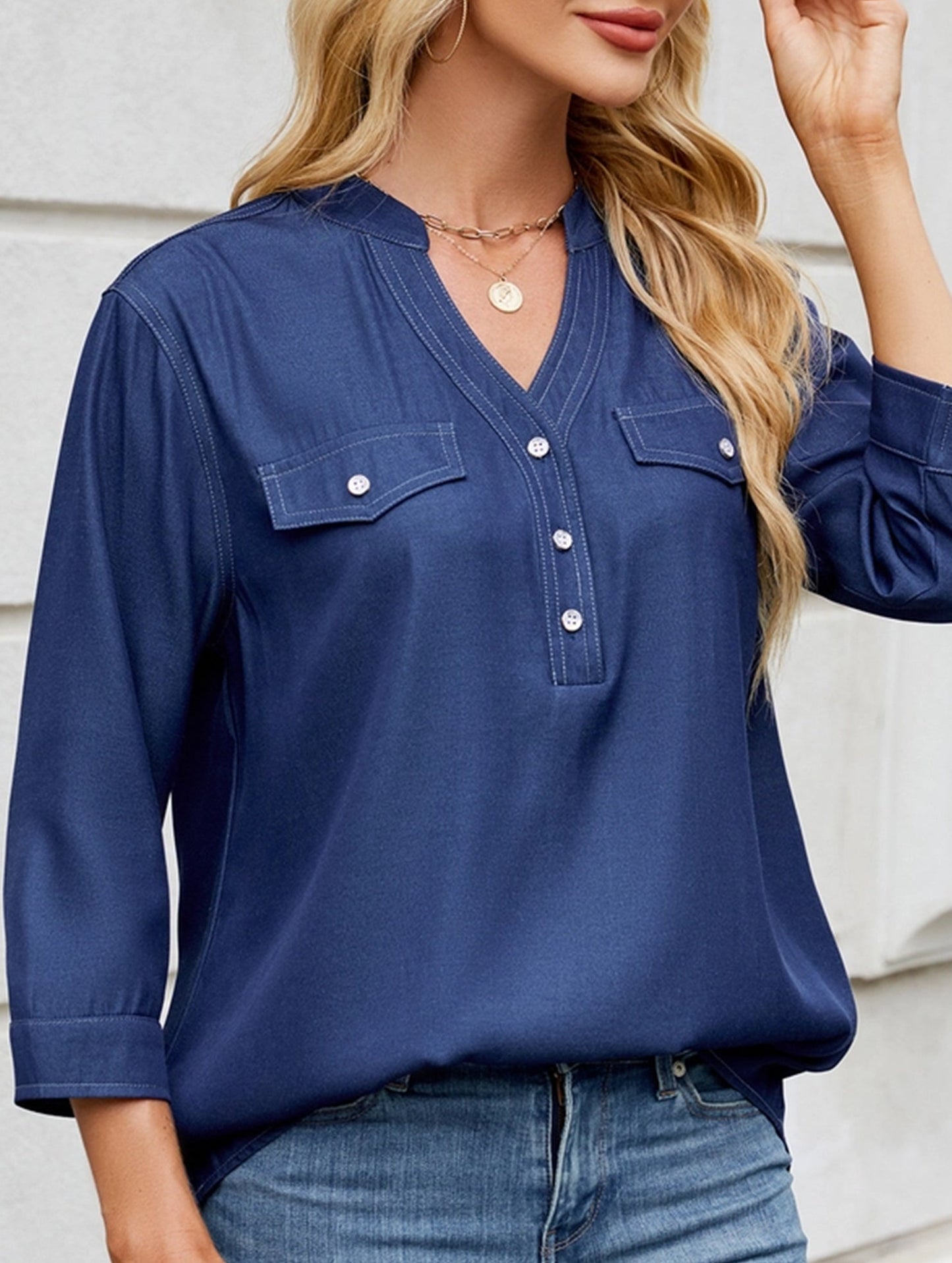 V-neck half-breasted casual imitation denim shirt