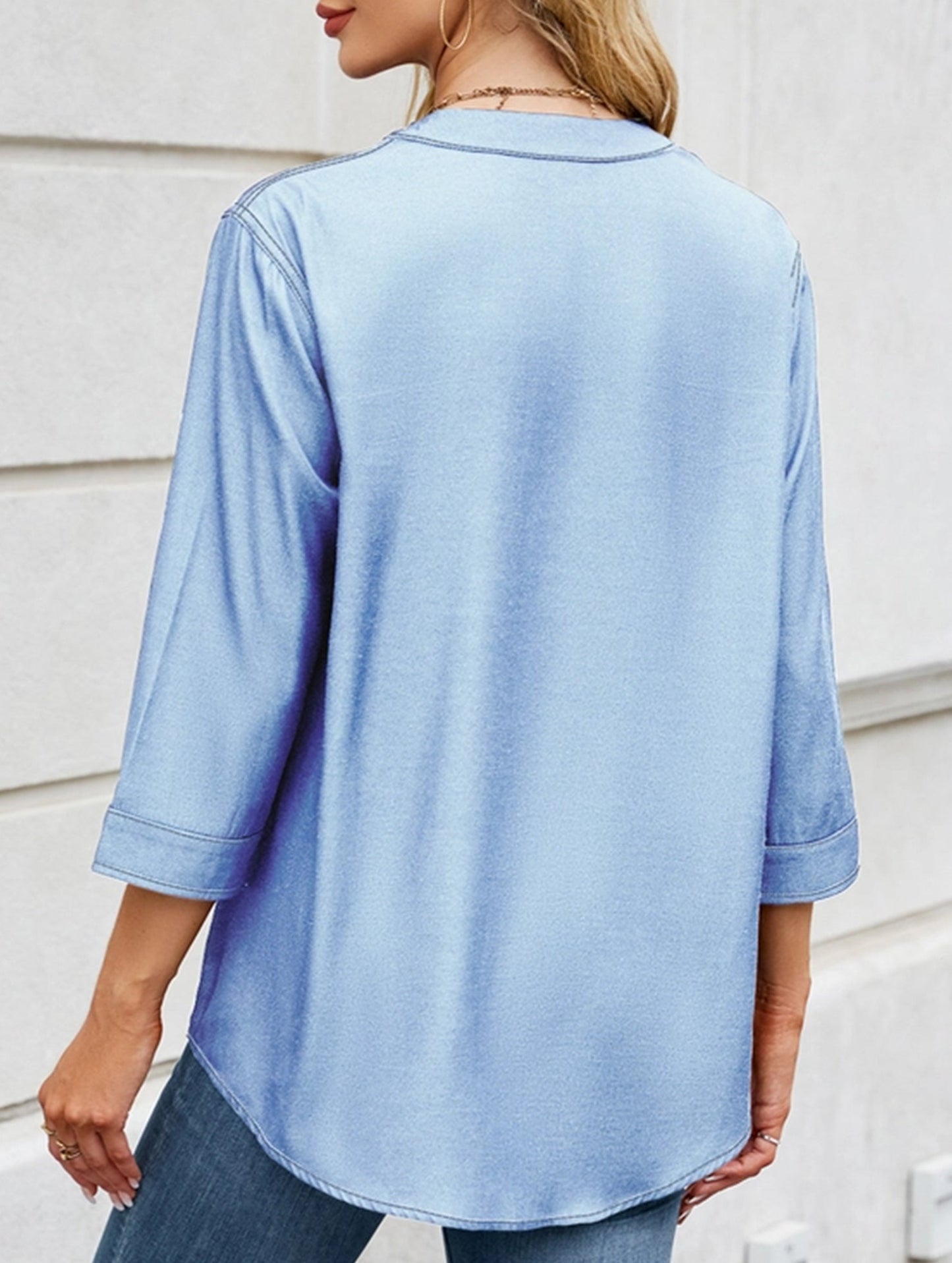 V-neck half-breasted casual imitation denim shirt