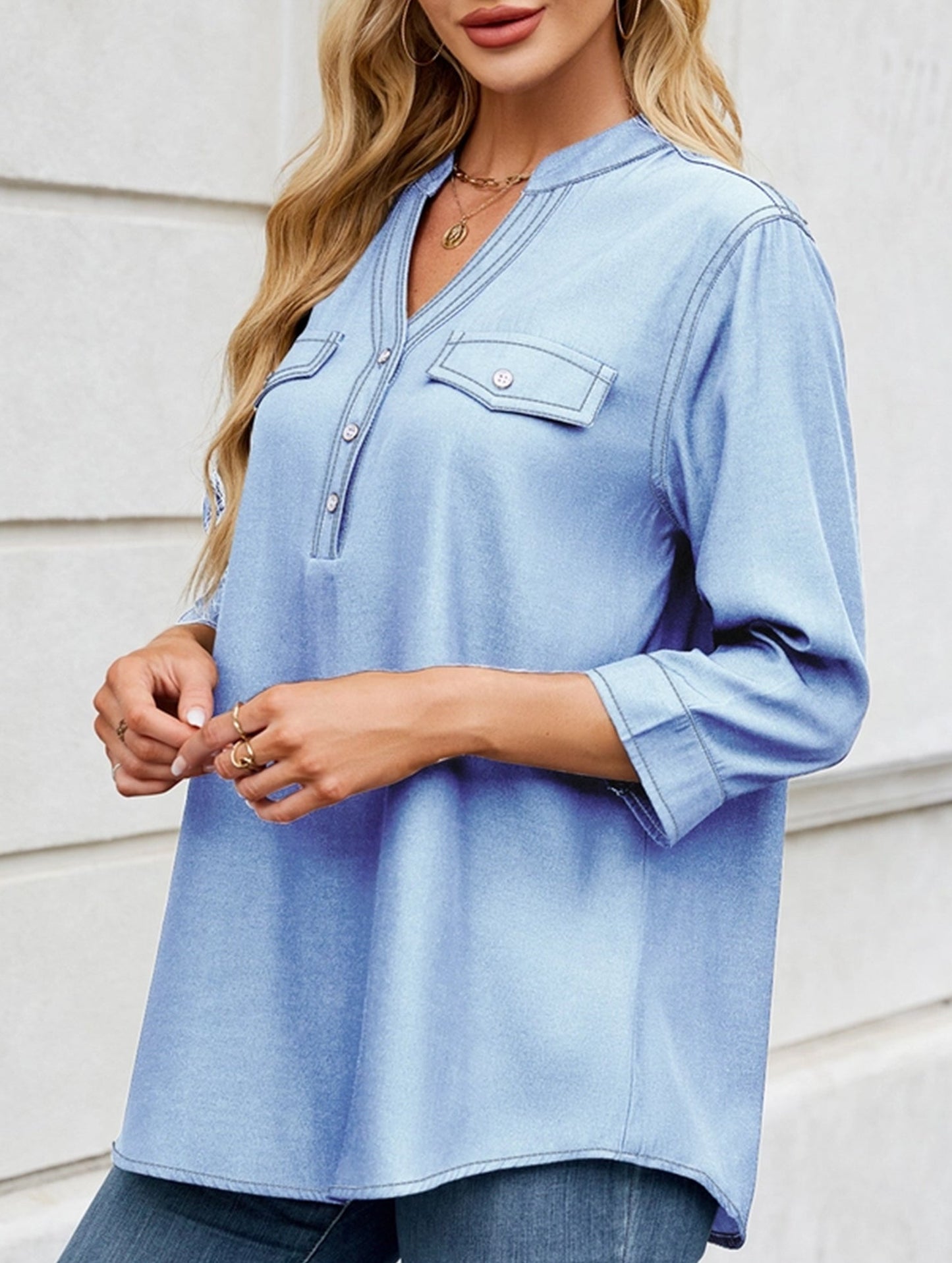 V-neck half-breasted casual imitation denim shirt