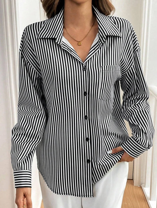 A striped printed long-sleeved shirt with a bow