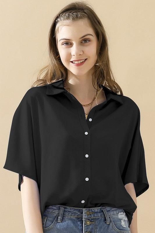 GLOSSY SHORT SLEEVE SHIRT - Doublju
