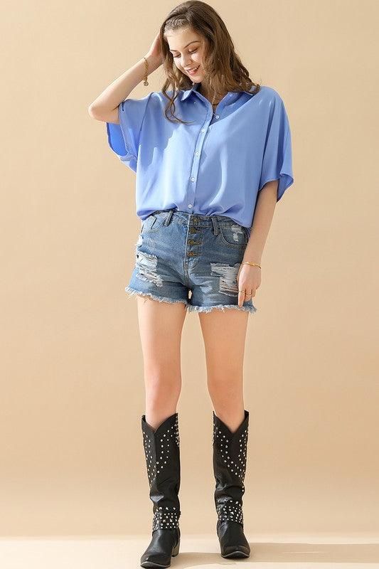 GLOSSY SHORT SLEEVE SHIRT - Doublju