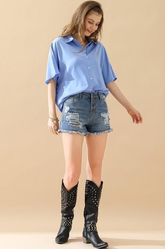 GLOSSY SHORT SLEEVE SHIRT - Doublju