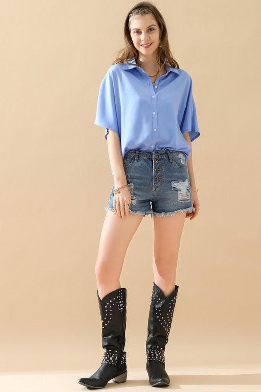 GLOSSY SHORT SLEEVE SHIRT - Doublju