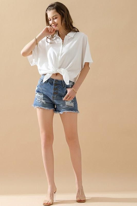 GLOSSY SHORT SLEEVE SHIRT - Doublju