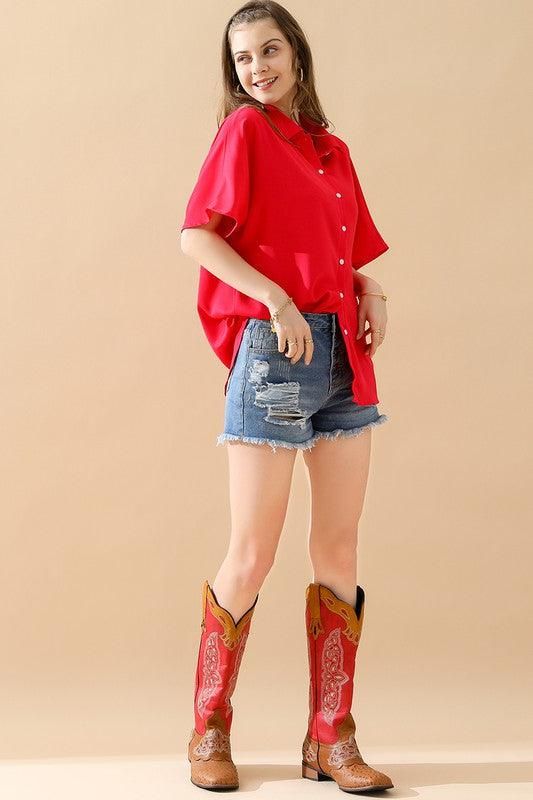 GLOSSY SHORT SLEEVE SHIRT - Doublju