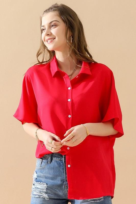 GLOSSY SHORT SLEEVE SHIRT - Doublju