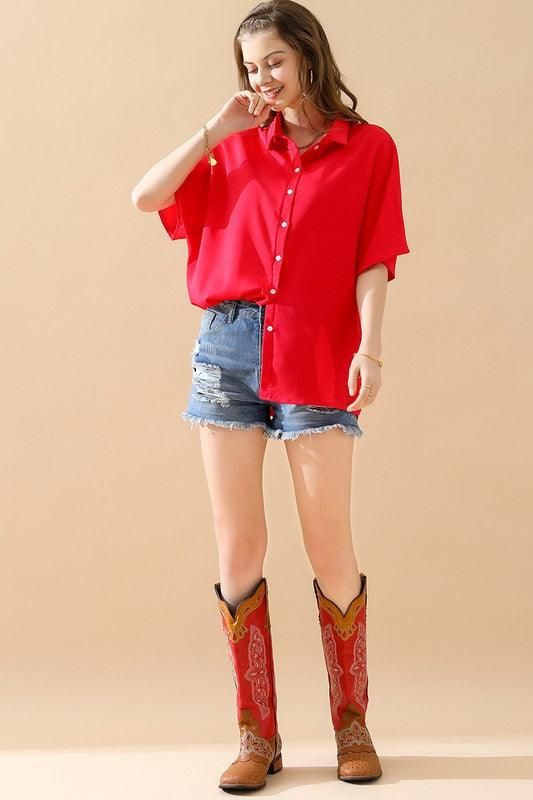 GLOSSY SHORT SLEEVE SHIRT - Doublju