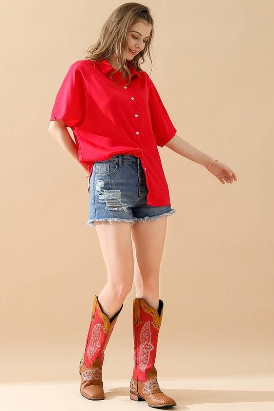 GLOSSY SHORT SLEEVE SHIRT - Doublju