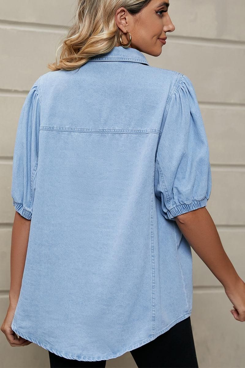SHORT PUFF SLEEVE BUTTON DOWN DENIM SHIRTS - Doublju