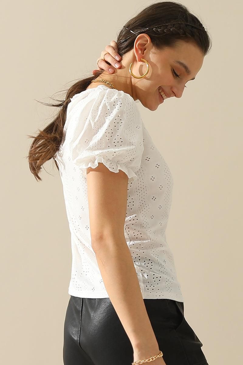 BUTTON POINT PUNCHING LACE FRILL PUFF BLOUSE - Doublju