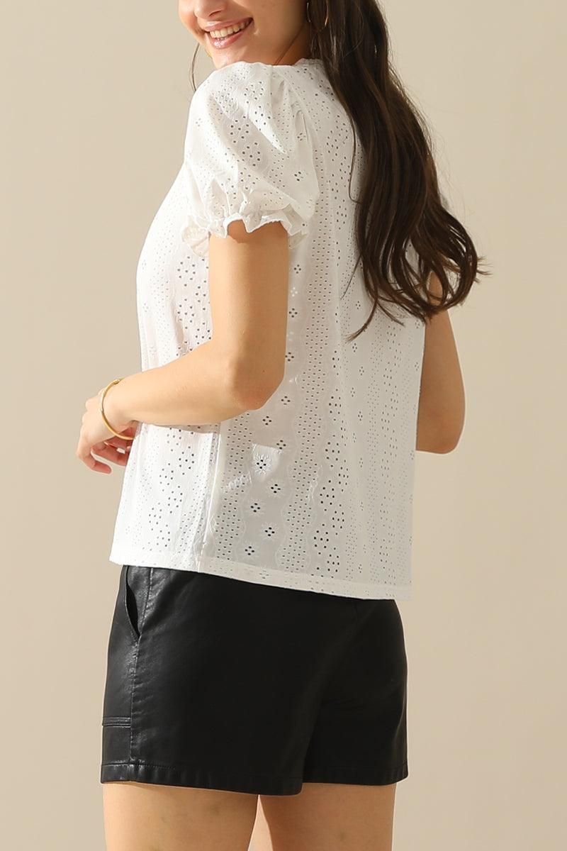 BUTTON POINT PUNCHING LACE FRILL PUFF BLOUSE - Doublju