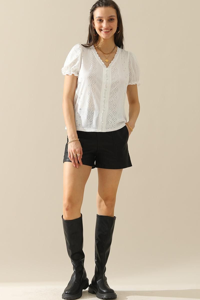 BUTTON POINT PUNCHING LACE FRILL PUFF BLOUSE - Doublju