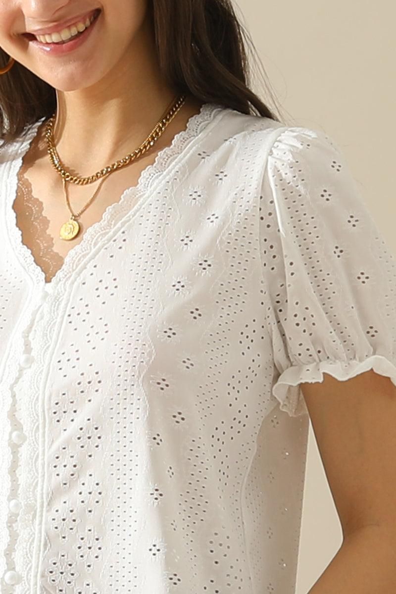 BUTTON POINT PUNCHING LACE FRILL PUFF BLOUSE - Doublju