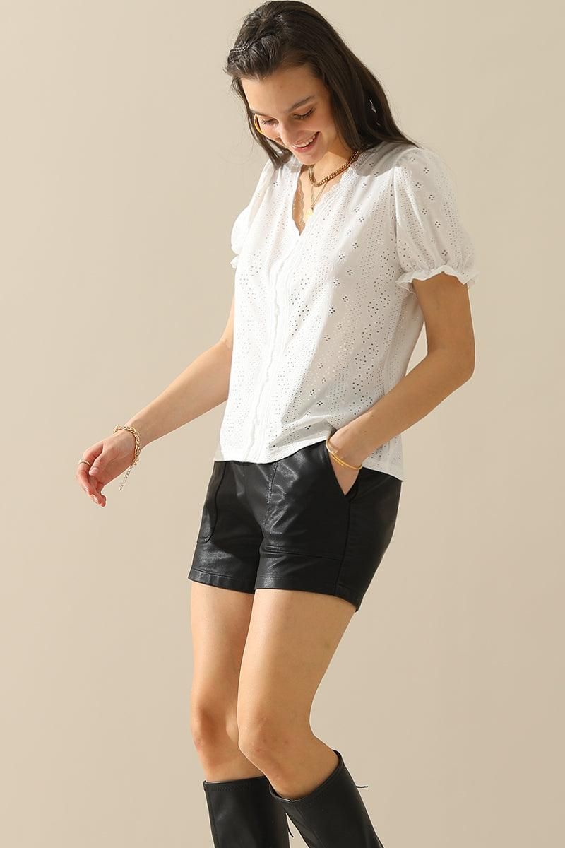 BUTTON POINT PUNCHING LACE FRILL PUFF BLOUSE - Doublju