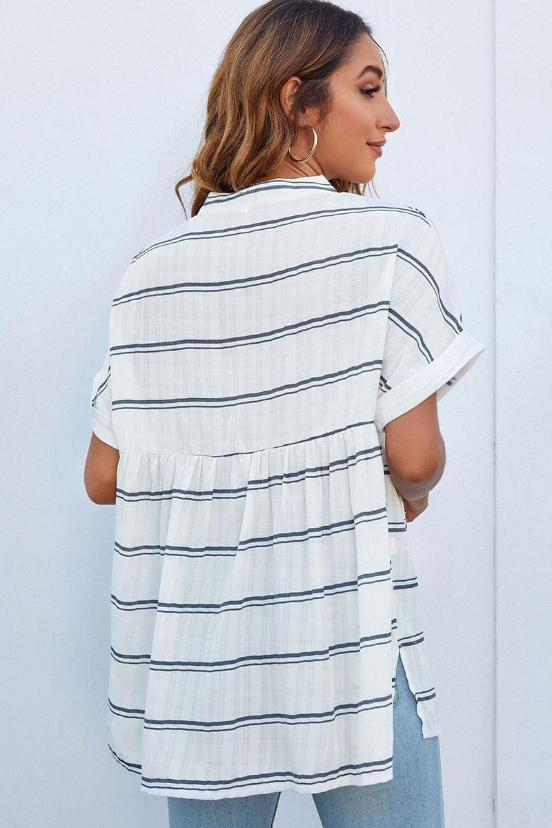 CHINESE COLLAR RUFFLED BACK LOOSE SHIRTS - Doublju