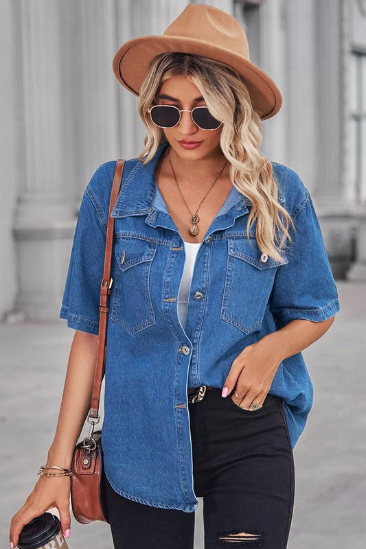SIMPLE POKCET DENIM SHORT SLEEVE SHIRTS - Doublju