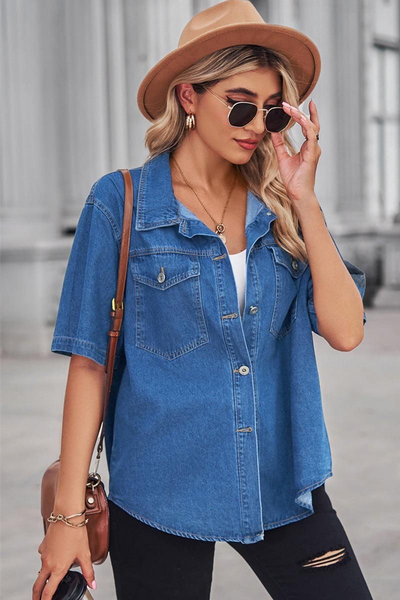 SIMPLE POKCET DENIM SHORT SLEEVE SHIRTS - Doublju