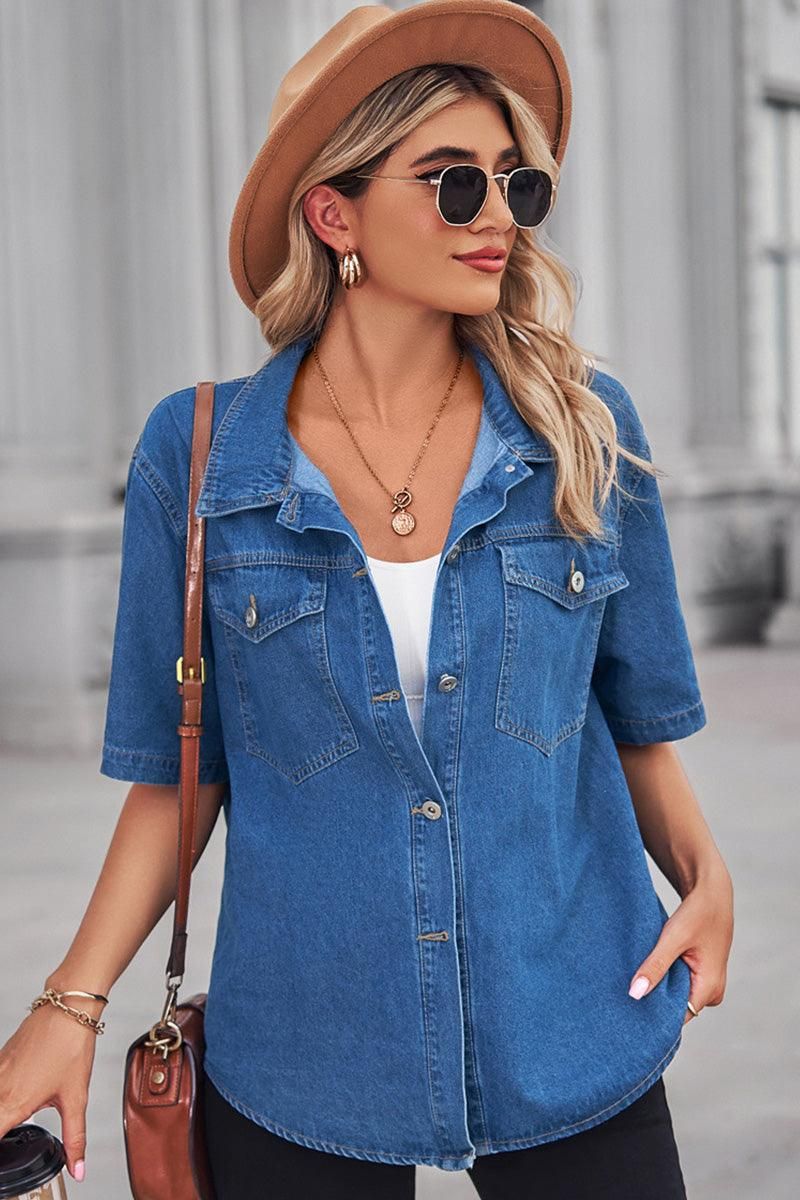 SIMPLE POKCET DENIM SHORT SLEEVE SHIRTS - Doublju